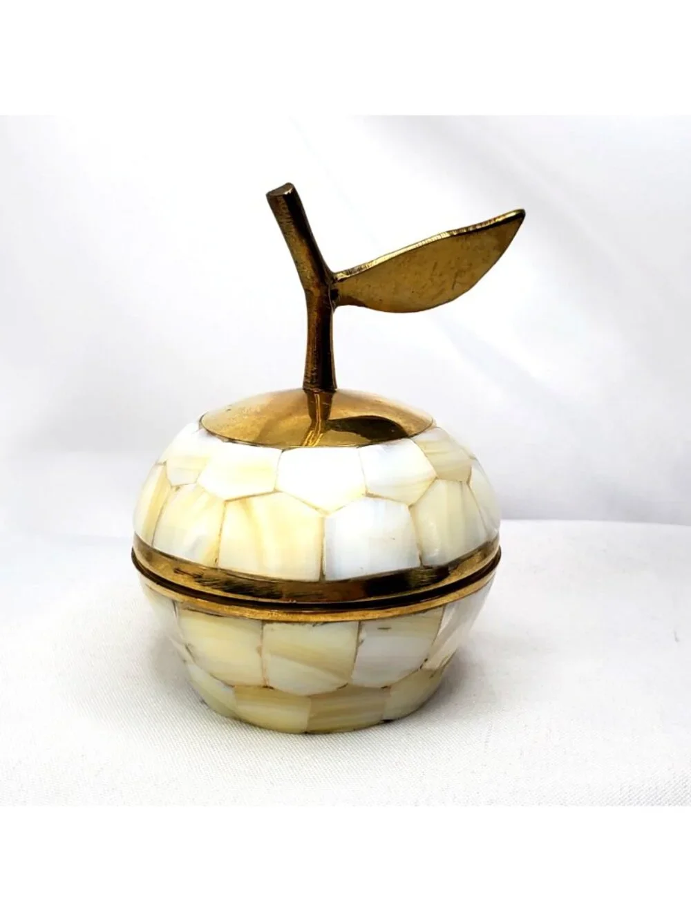Mother Of Pearl and Brass Decorative Apple Trinket Box Lid And Leaf Accent